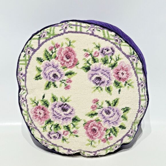 Grandma Pillow 12" Round Purple Velvet Floral Needlework Bed Couch Bedroom - Picture 1 of 7